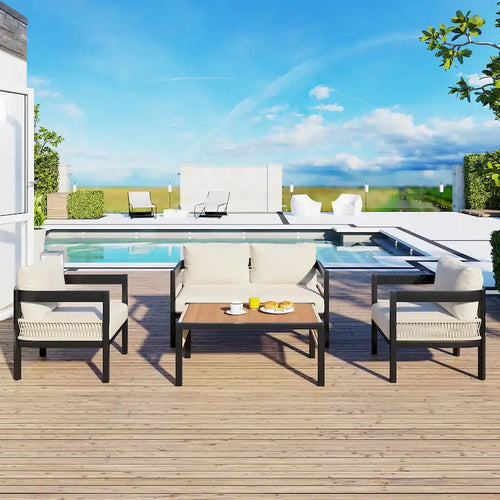 Ensemble de mobilier de jardin 4 pièces, ensemble de conversation pour patio résistant aux intempéries avec coussins résistants, canapé, fauteuil et table basse