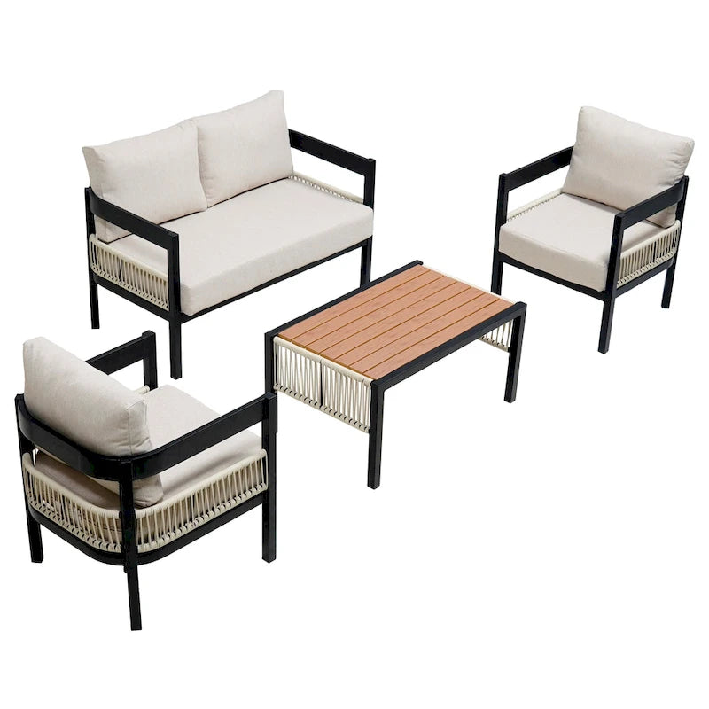Ensemble de mobilier de jardin 4 pièces, ensemble de conversation pour patio résistant aux intempéries avec coussins résistants, canapé, fauteuil et table basse