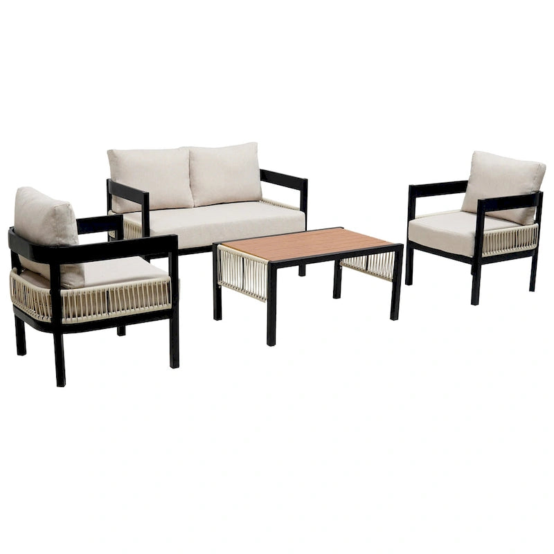 Ensemble de mobilier de jardin 4 pièces, ensemble de conversation pour patio résistant aux intempéries avec coussins résistants, canapé, fauteuil et table basse