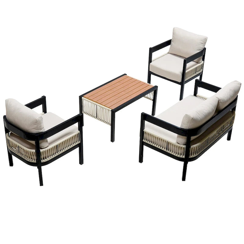 Ensemble de mobilier de jardin 4 pièces, ensemble de conversation pour patio résistant aux intempéries avec coussins résistants, canapé, fauteuil et table basse