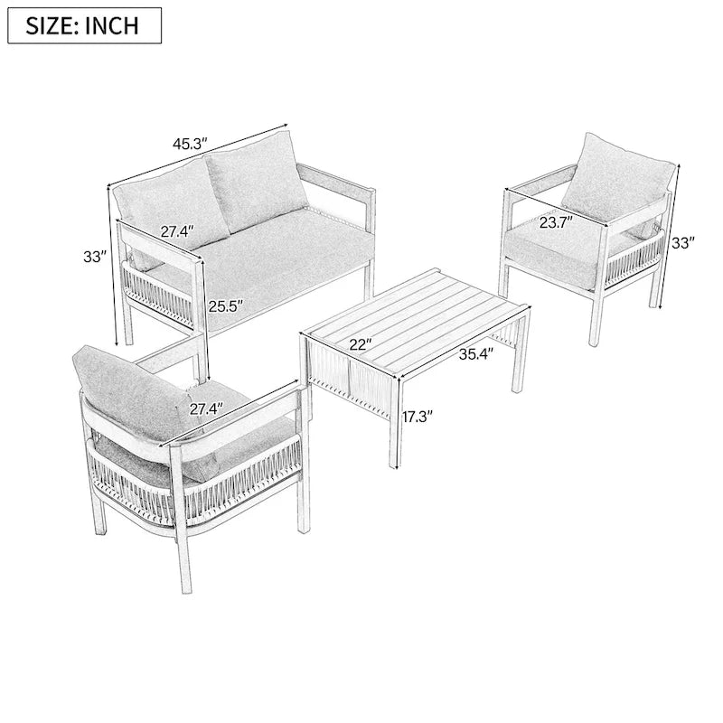 Ensemble de mobilier de jardin 4 pièces, ensemble de conversation pour patio résistant aux intempéries avec coussins résistants, canapé, fauteuil et table basse