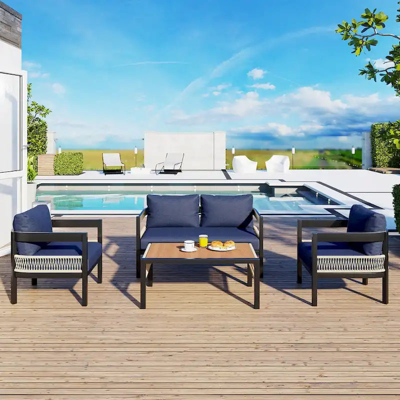 Ensemble de mobilier de jardin 4 pièces, ensemble de conversation pour patio résistant aux intempéries avec coussins résistants, canapé, fauteuil et table basse