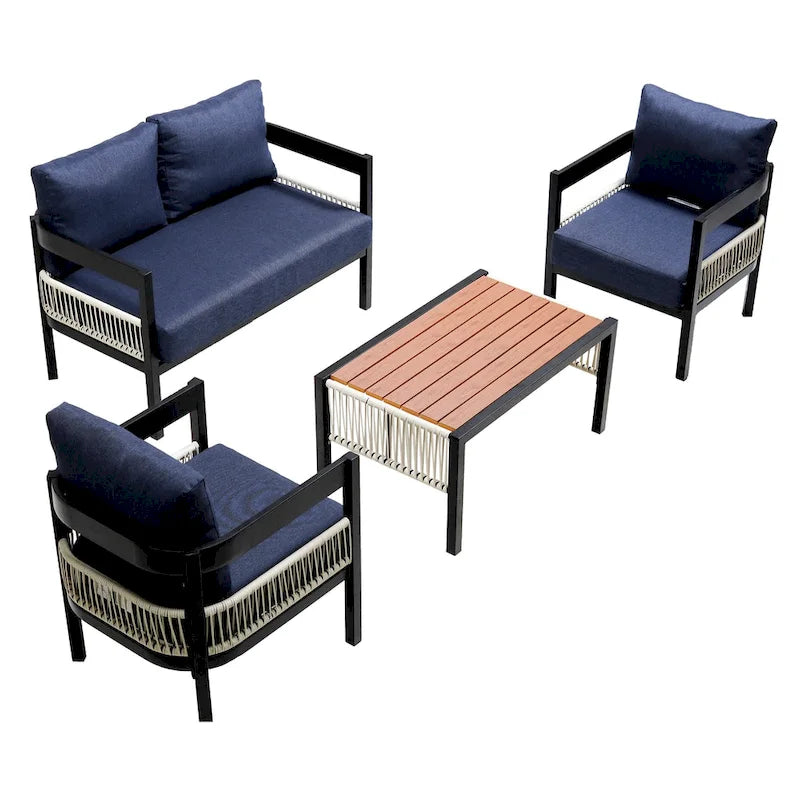Ensemble de mobilier de jardin 4 pièces, ensemble de conversation pour patio résistant aux intempéries avec coussins résistants, canapé, fauteuil et table basse