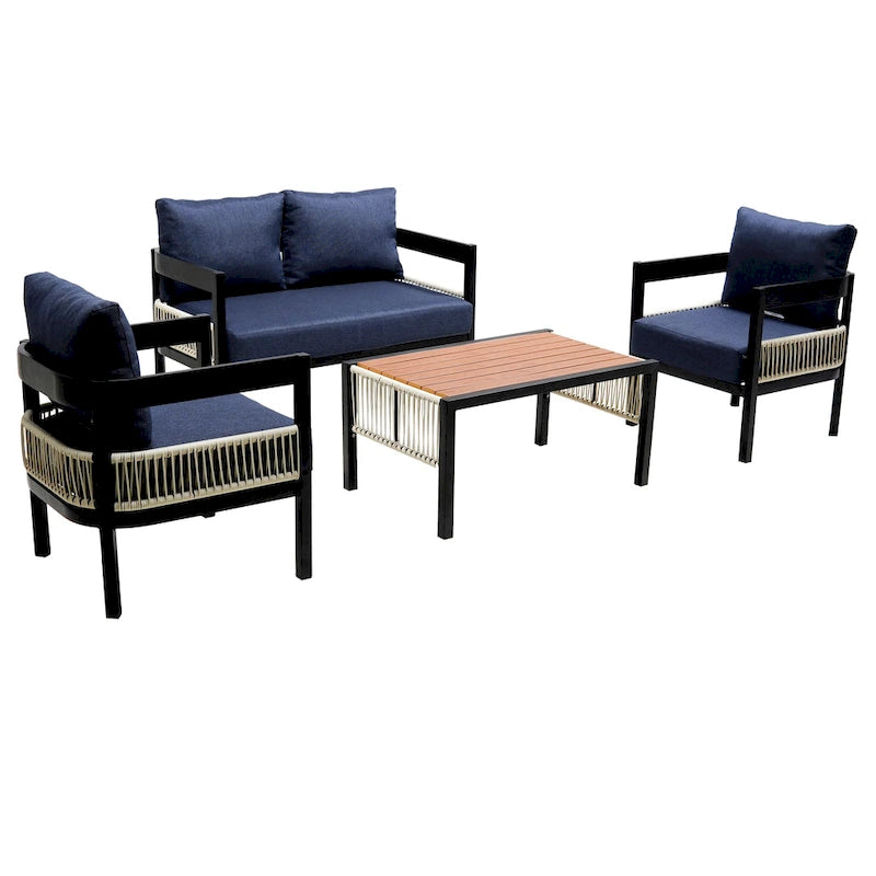 Ensemble de mobilier de jardin 4 pièces, ensemble de conversation pour patio résistant aux intempéries avec coussins résistants, canapé, fauteuil et table basse