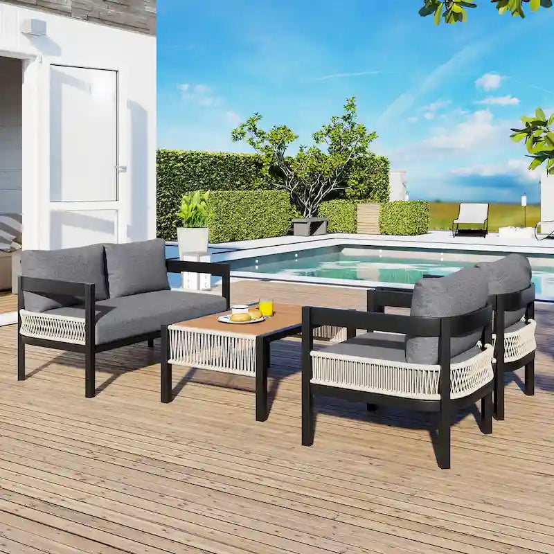 Ensemble de mobilier de jardin 4 pièces, ensemble de conversation pour patio résistant aux intempéries avec coussins résistants, canapé, fauteuil et table basse