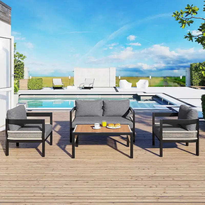 Ensemble de mobilier de jardin 4 pièces, ensemble de conversation pour patio résistant aux intempéries avec coussins résistants, canapé, fauteuil et table basse