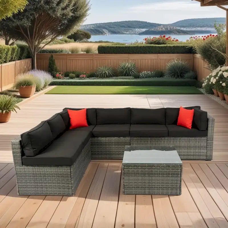 Ensemble de canapé d'angle d'extérieur 5 pièces, mobilier de conversation en rotin PE résistant aux intempéries avec table basse et 2 coussins