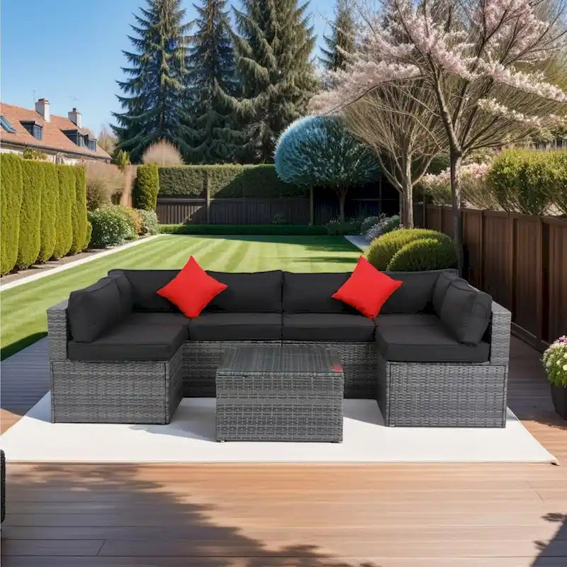 Ensemble de canapé d'angle d'extérieur 5 pièces, mobilier de conversation en rotin PE résistant aux intempéries avec table basse et 2 coussins