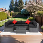 Ensemble de canapé d'angle d'extérieur 5 pièces, mobilier de conversation en rotin PE résistant aux intempéries avec table basse et 2 coussins