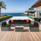 Ensemble de canapé d'angle d'extérieur 5 pièces, mobilier de conversation en rotin PE résistant aux intempéries avec table basse et 2 coussins