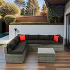 Ensemble de canapé d'angle d'extérieur 5 pièces, mobilier de conversation en rotin PE résistant aux intempéries avec table basse et 2 coussins