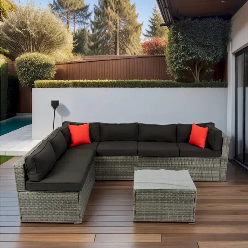 Ensemble de canapé d'angle d'extérieur 5 pièces, mobilier de conversation en rotin PE résistant aux intempéries avec table basse et 2 coussins