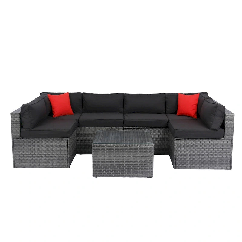Ensemble de canapé d'angle d'extérieur 5 pièces, mobilier de conversation en rotin PE résistant aux intempéries avec table basse et 2 coussins