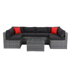 Ensemble de canapé d'angle d'extérieur 5 pièces, mobilier de conversation en rotin PE résistant aux intempéries avec table basse et 2 coussins