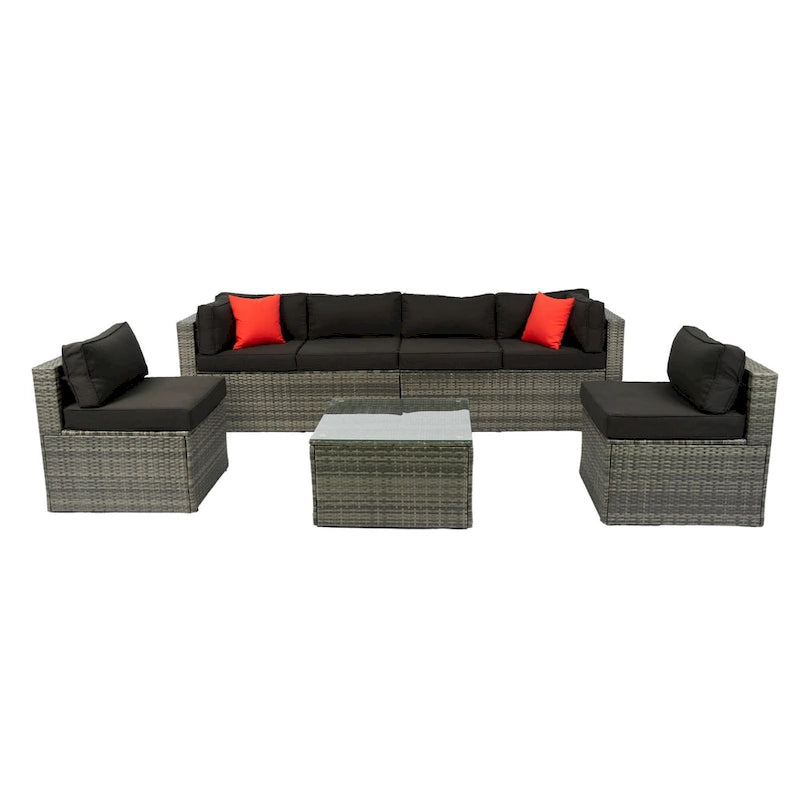Ensemble de canapé d'angle d'extérieur 5 pièces, mobilier de conversation en rotin PE résistant aux intempéries avec table basse et 2 coussins