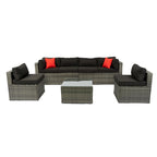 Ensemble de canapé d'angle d'extérieur 5 pièces, mobilier de conversation en rotin PE résistant aux intempéries avec table basse et 2 coussins