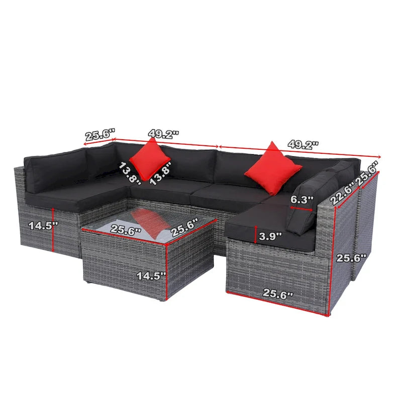 Ensemble de canapé d'angle d'extérieur 5 pièces, mobilier de conversation en rotin PE résistant aux intempéries avec table basse et 2 coussins