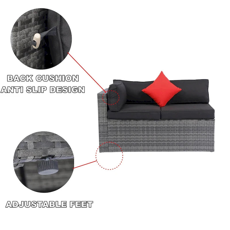 Ensemble de canapé d'angle d'extérieur 5 pièces, mobilier de conversation en rotin PE résistant aux intempéries avec table basse et 2 coussins