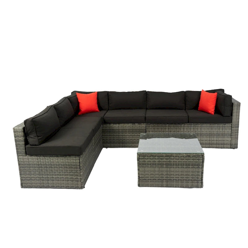 Ensemble de canapé d'angle d'extérieur 5 pièces, mobilier de conversation en rotin PE résistant aux intempéries avec table basse et 2 coussins