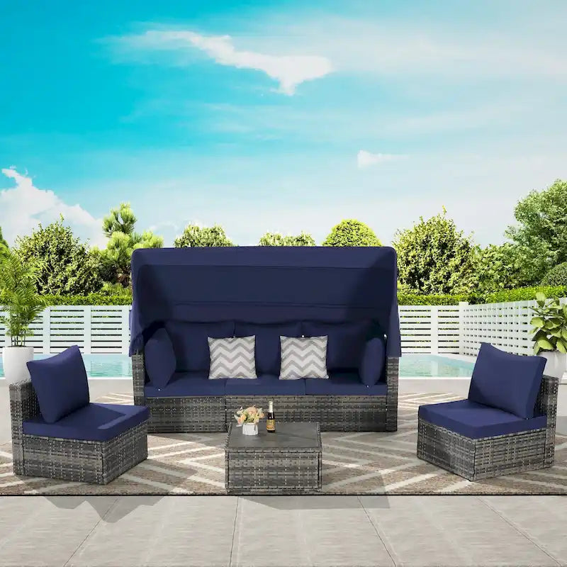 Ensemble de mobilier de jardin en résine tressée 5 pièces, lit de jour d'extérieur en rotin avec auvent rétractable, canapé d'angle avec dossier réglable