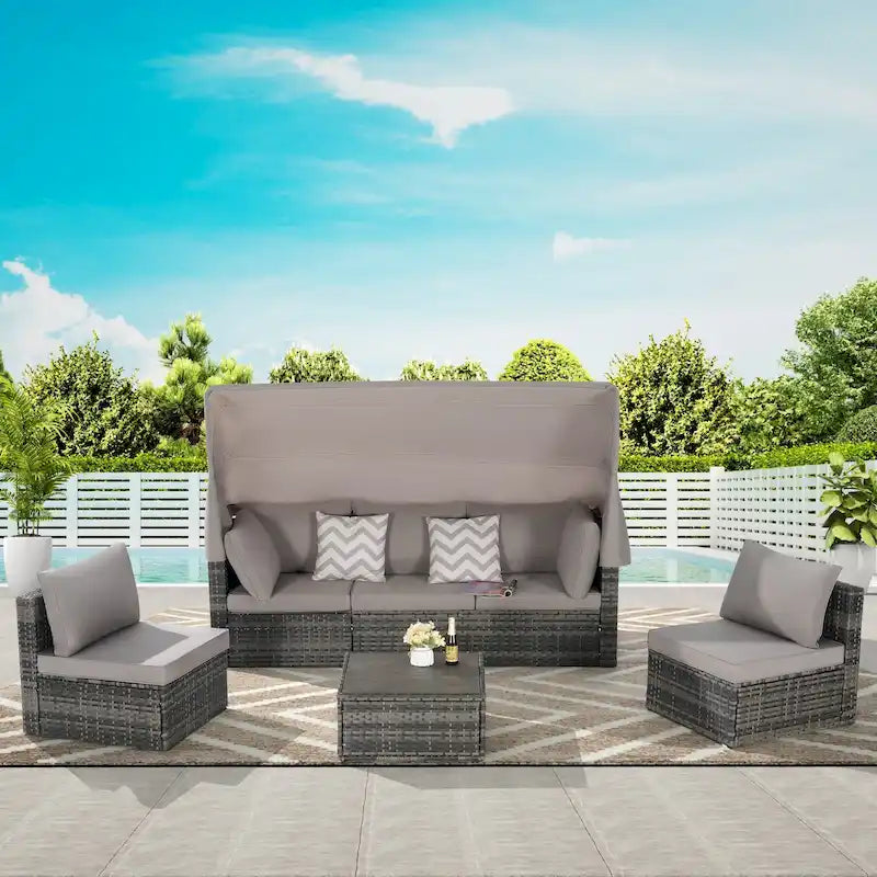 Ensemble de mobilier de jardin en résine tressée 5 pièces, lit de jour d'extérieur en rotin avec auvent rétractable, canapé d'angle avec dossier réglable