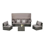 Ensemble de mobilier de jardin en résine tressée 5 pièces, lit de jour d'extérieur en rotin avec auvent rétractable, canapé d'angle avec dossier réglable