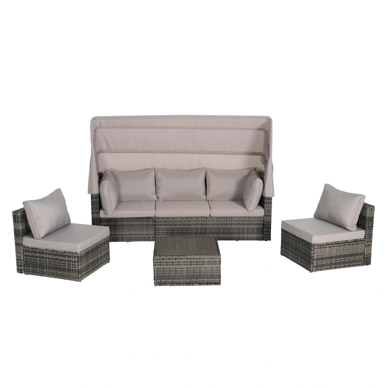 Ensemble de mobilier de jardin en résine tressée 5 pièces, lit de jour d'extérieur en rotin avec auvent rétractable, canapé d'angle avec dossier réglable
