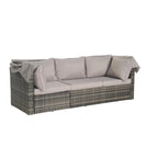 Ensemble de mobilier de jardin en résine tressée 5 pièces, lit de jour d'extérieur en rotin avec auvent rétractable, canapé d'angle avec dossier réglable