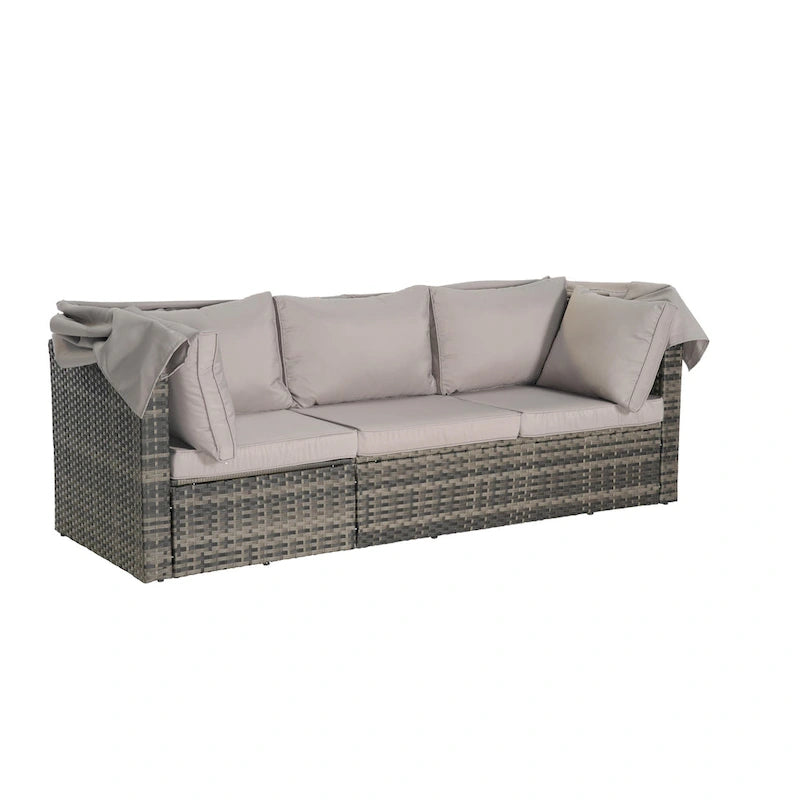 Ensemble de mobilier de jardin en résine tressée 5 pièces, lit de jour d'extérieur en rotin avec auvent rétractable, canapé d'angle avec dossier réglable