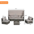 Ensemble de mobilier de jardin en résine tressée 5 pièces, lit de jour d'extérieur en rotin avec auvent rétractable, canapé d'angle avec dossier réglable