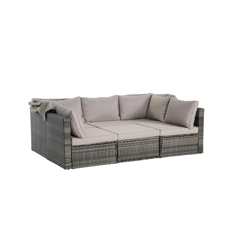Ensemble de mobilier de jardin en résine tressée 5 pièces, lit de jour d'extérieur en rotin avec auvent rétractable, canapé d'angle avec dossier réglable