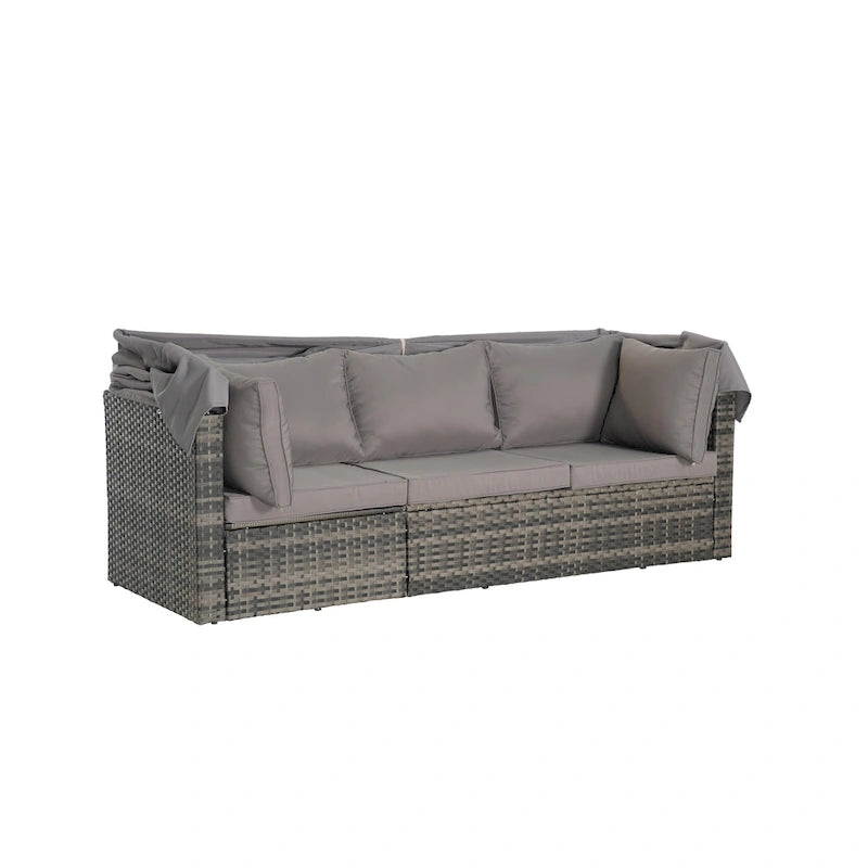 Ensemble de mobilier de jardin en résine tressée 5 pièces, lit de jour d'extérieur en rotin avec auvent rétractable, canapé d'angle avec dossier réglable
