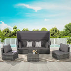 Ensemble de mobilier de jardin en résine tressée 5 pièces, lit de jour d'extérieur en rotin avec auvent rétractable, canapé d'angle avec dossier réglable