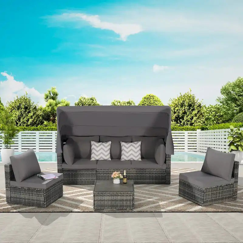 Ensemble de mobilier de jardin en résine tressée 5 pièces, lit de jour d'extérieur en rotin avec auvent rétractable, canapé d'angle avec dossier réglable