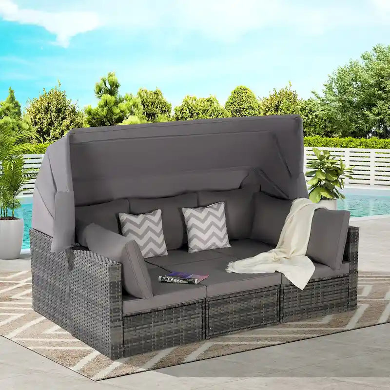 Ensemble de mobilier de jardin en résine tressée 5 pièces, lit de jour d'extérieur en rotin avec auvent rétractable, canapé d'angle avec dossier réglable