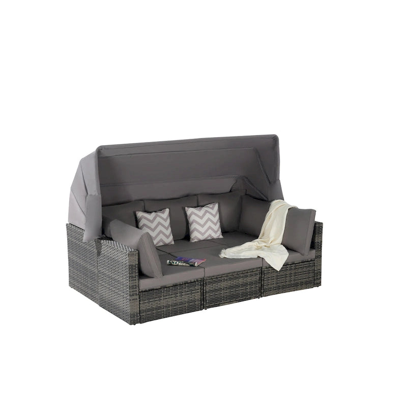 Ensemble de mobilier de jardin en résine tressée 5 pièces, lit de jour d'extérieur en rotin avec auvent rétractable, canapé d'angle avec dossier réglable