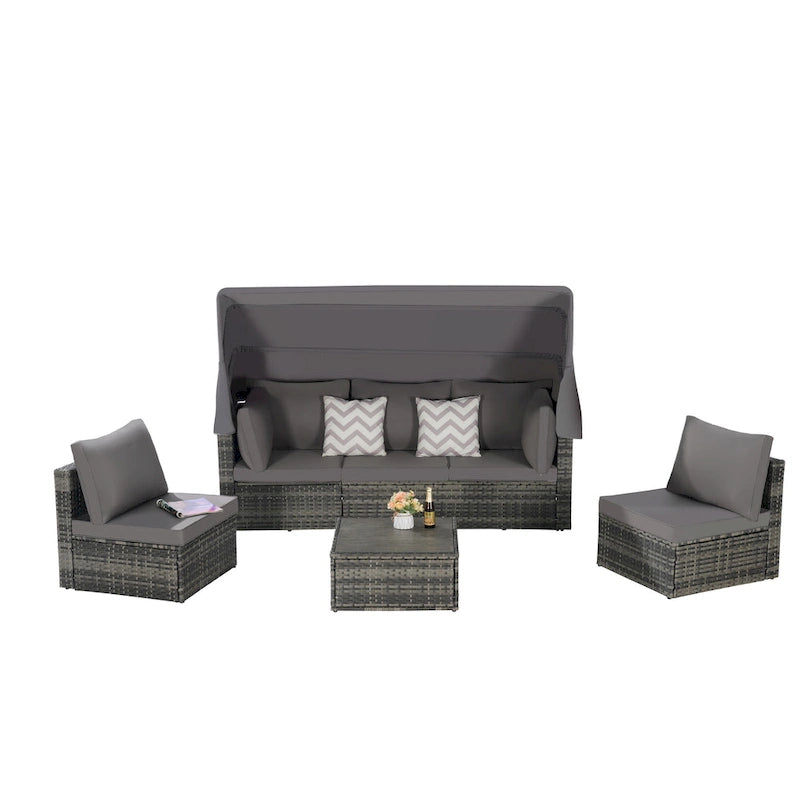 Ensemble de mobilier de jardin en résine tressée 5 pièces, lit de jour d'extérieur en rotin avec auvent rétractable, canapé d'angle avec dossier réglable