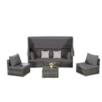 Ensemble de mobilier de jardin en résine tressée 5 pièces, lit de jour d'extérieur en rotin avec auvent rétractable, canapé d'angle avec dossier réglable