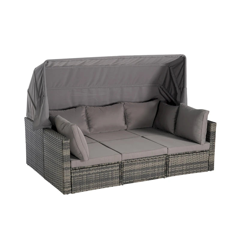 Ensemble de mobilier de jardin en résine tressée 5 pièces, lit de jour d'extérieur en rotin avec auvent rétractable, canapé d'angle avec dossier réglable