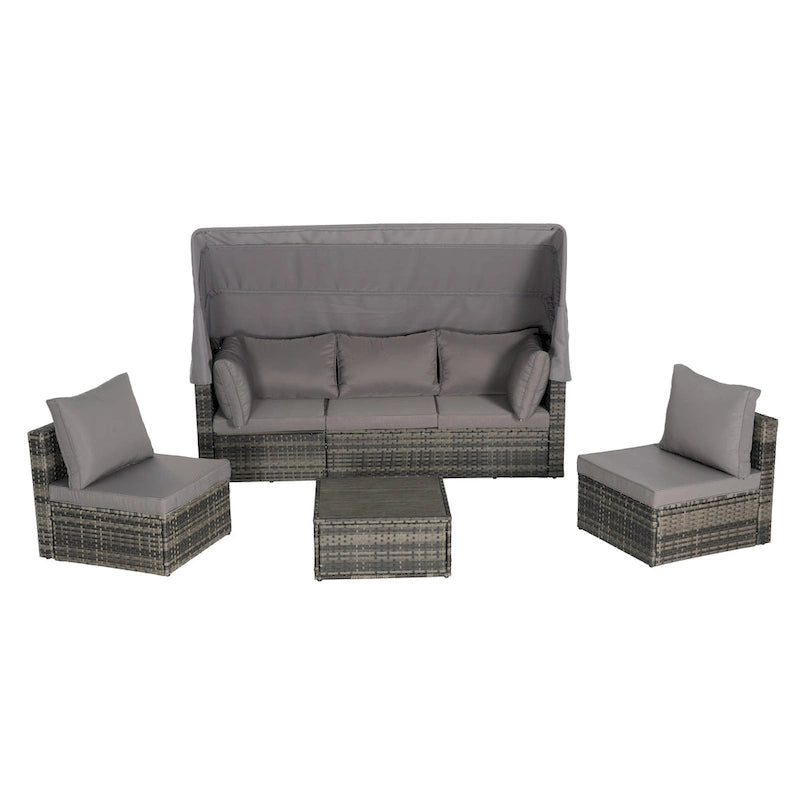 Ensemble de mobilier de jardin en résine tressée 5 pièces, lit de jour d'extérieur en rotin avec auvent rétractable, canapé d'angle avec dossier réglable