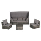 Ensemble de mobilier de jardin en résine tressée 5 pièces, lit de jour d'extérieur en rotin avec auvent rétractable, canapé d'angle avec dossier réglable