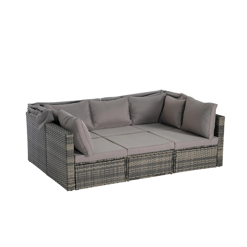 Ensemble de mobilier de jardin en résine tressée 5 pièces, lit de jour d'extérieur en rotin avec auvent rétractable, canapé d'angle avec dossier réglable
