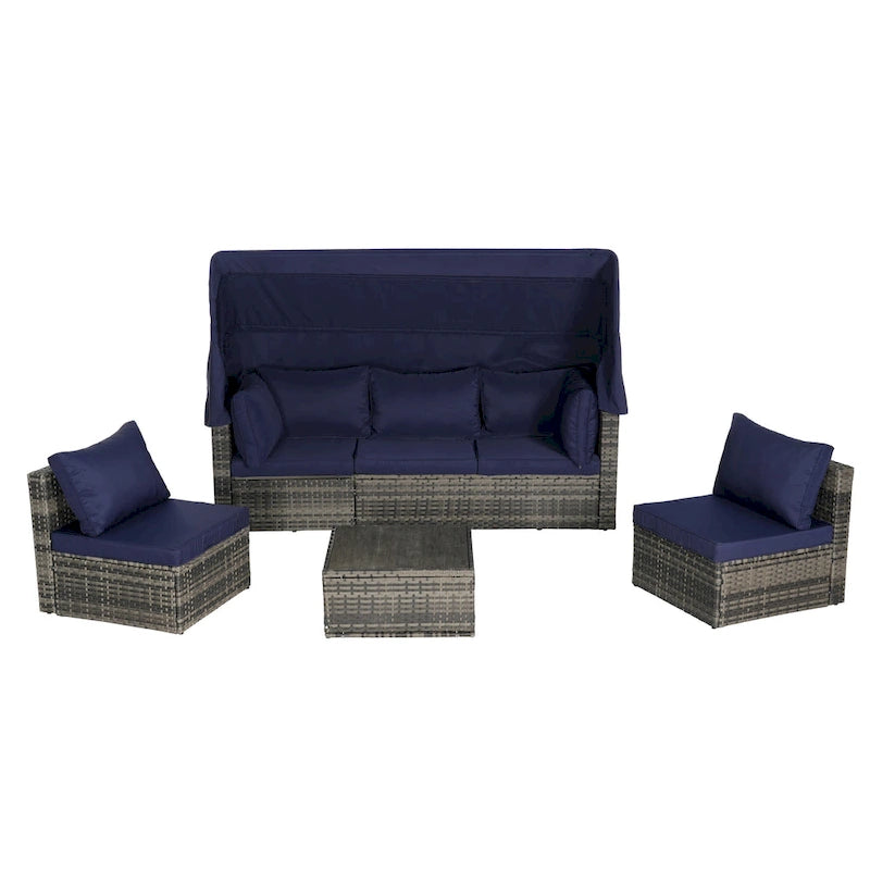 Ensemble de mobilier de jardin en résine tressée 5 pièces, lit de jour d'extérieur en rotin avec auvent rétractable, canapé d'angle avec dossier réglable