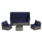 Ensemble de mobilier de jardin en résine tressée 5 pièces, lit de jour d'extérieur en rotin avec auvent rétractable, canapé d'angle avec dossier réglable