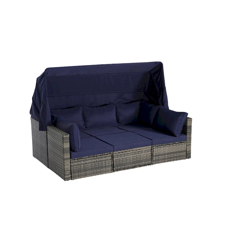 Ensemble de mobilier de jardin en résine tressée 5 pièces, lit de jour d'extérieur en rotin avec auvent rétractable, canapé d'angle avec dossier réglable