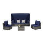 Ensemble de mobilier de jardin en résine tressée 5 pièces, lit de jour d'extérieur en rotin avec auvent rétractable, canapé d'angle avec dossier réglable