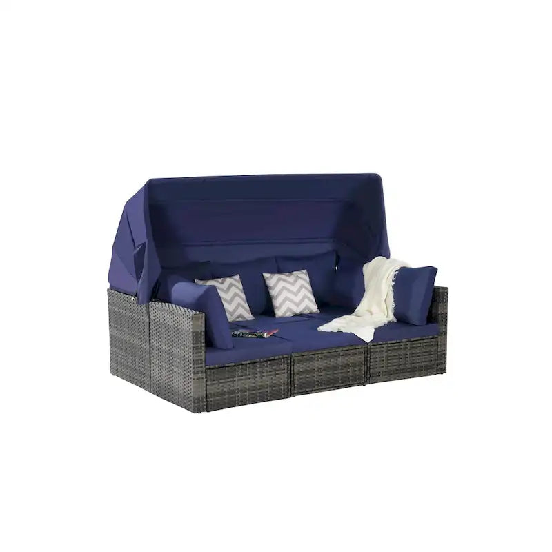Ensemble de mobilier de jardin en résine tressée 5 pièces, lit de jour d'extérieur en rotin avec auvent rétractable, canapé d'angle avec dossier réglable