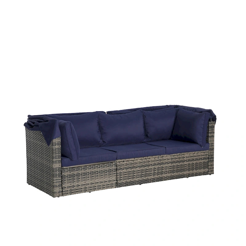 Ensemble de mobilier de jardin en résine tressée 5 pièces, lit de jour d'extérieur en rotin avec auvent rétractable, canapé d'angle avec dossier réglable