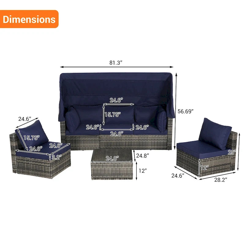 Ensemble de mobilier de jardin en résine tressée 5 pièces, lit de jour d'extérieur en rotin avec auvent rétractable, canapé d'angle avec dossier réglable