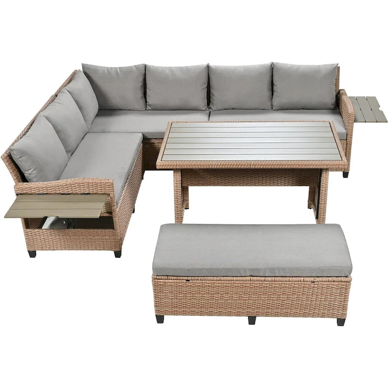 Ensemble de canapé et de table d'extérieur en rotin tressé 5 pièces, résistant aux intempéries, avec 2 tables d'appoint extensibles et une table.